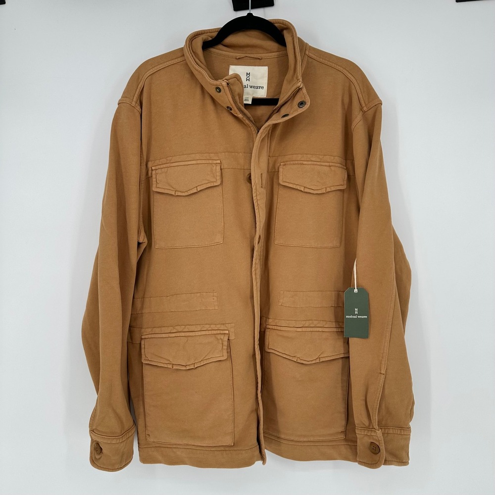 NEW Mutual Weave French Terry Shaket Cotton Knit Jacket Shirt Utility Tan Men L